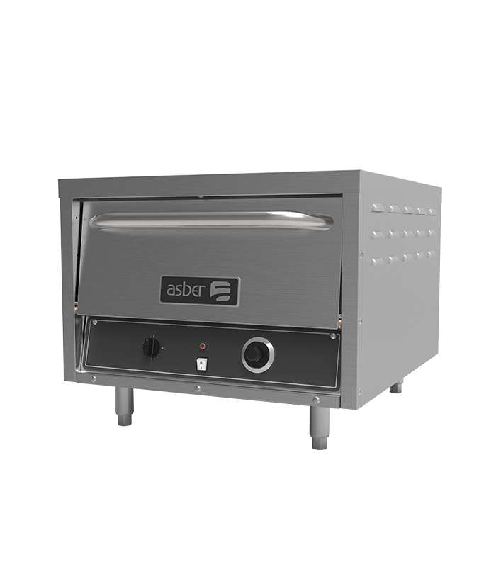 horno pizzero eléctrico Asber AEPO-26-E de doble cámara, en acero inoxidable. Ideal para restaurantes y pizzerías, con capacidad para cocinar 2 pizzas de 26” simultáneamente. Incluye 2 piedras refractarias y control de temperatura independiente