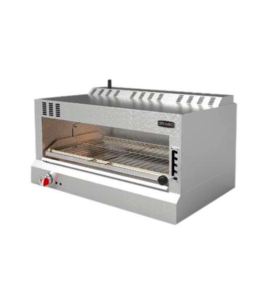 Parrilla de 75x37.5 cm con gatillo/palanca para 5 alturas diferentes en la salamandra DRAGO SGG-3, permitiendo control preciso del asado. Webstaurant México Precio $19,000.80 mx