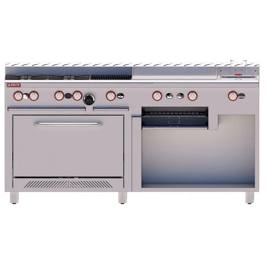 Estufa múltiple industrial Delta EM-H con 4 quemadores, plancha, asador, freidor y horno. Fabricada en acero inoxidable T-304, 183 cm de ancho de venta en Webstaurant México