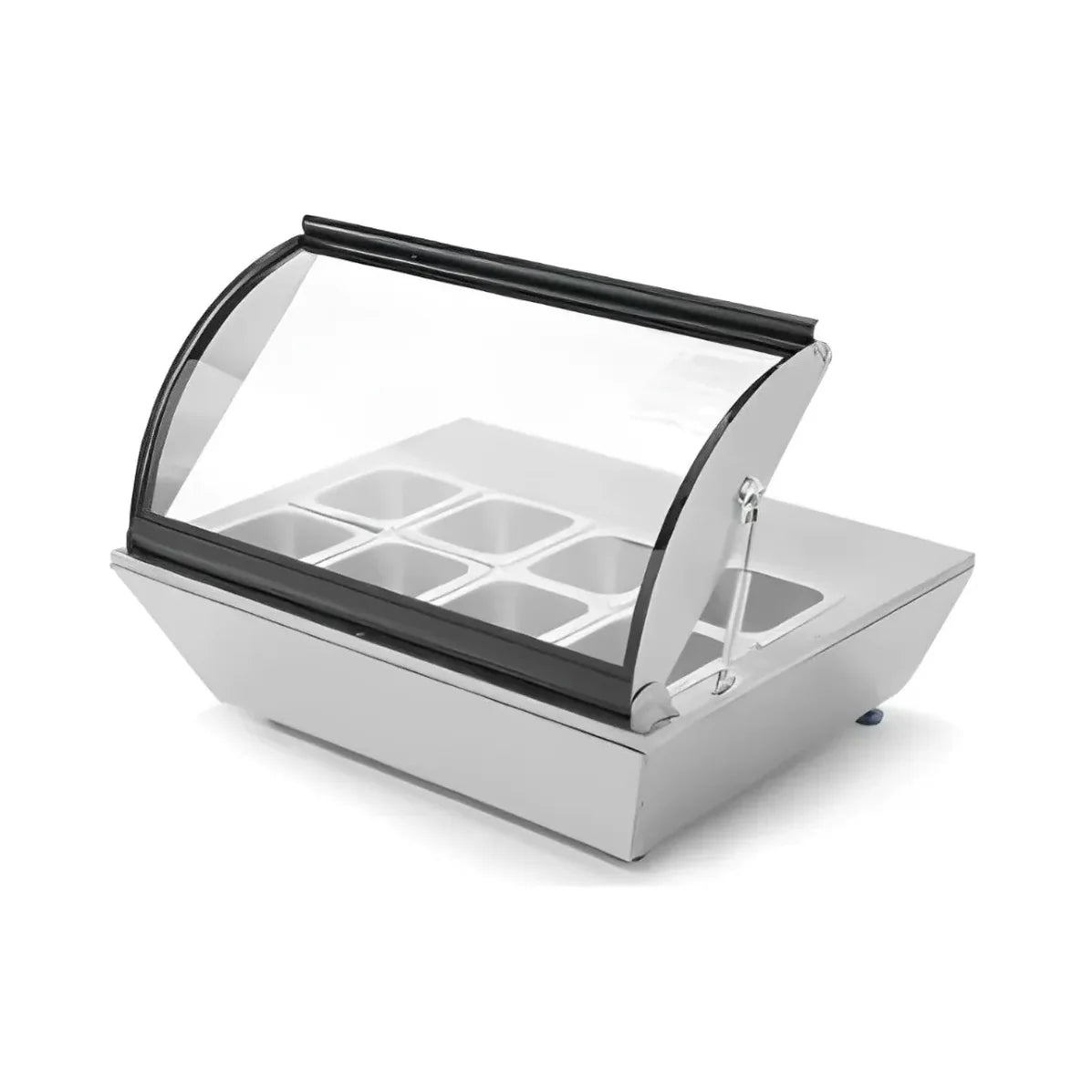 Base caliente eléctrica MIGSA RTR-67L con 8 insertos, gabinete en acero inoxidable y tapa de cristal abatible. Control digital (30-90°C), resistencia 500W. Ideal para buffets y comedores