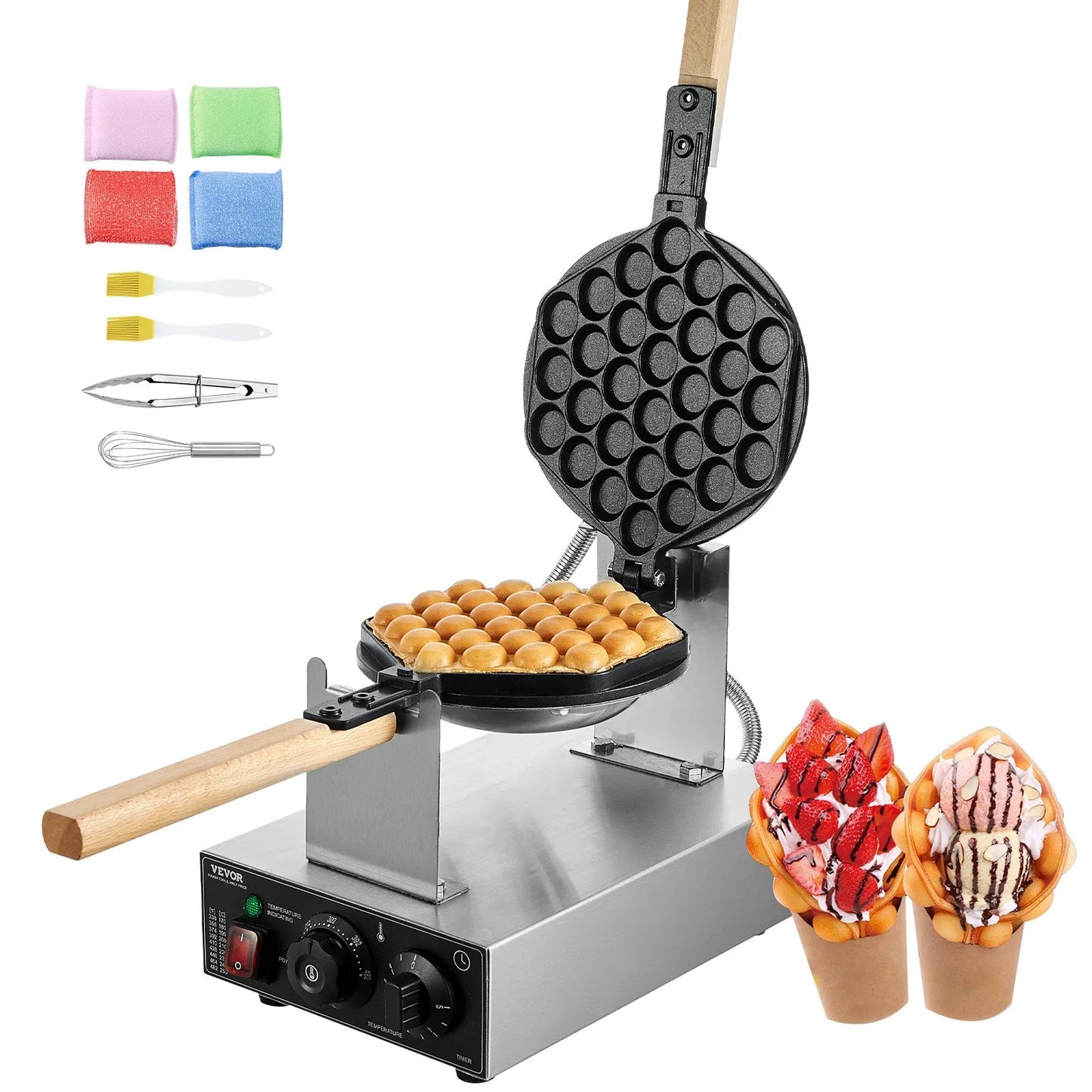 Wafflera de Burbujas VEVOR SC-X30 ,Waffles de burbuja decorados con chocolate y frutas. Máquina VEVOR perfecta para cafeterías y uso doméstico creativo disponible en Webstaurant México