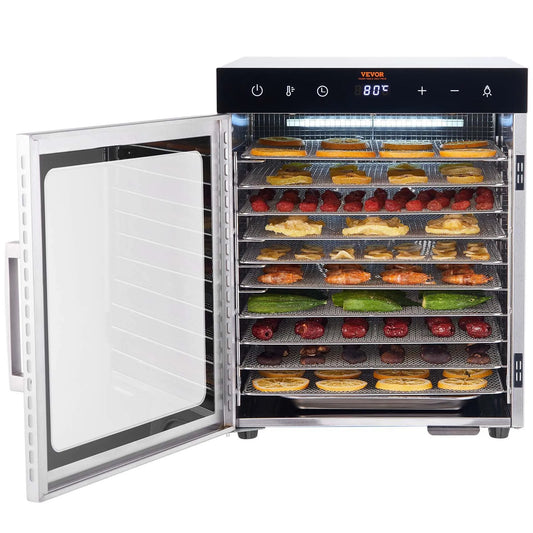 Diez bandejas de acero inoxidable 304 en deshidratador de Alimentos VEVOR .SS-10H Cada bandeja mide 30x28 cm, con capacidad total de 17 kg para producción eficiente