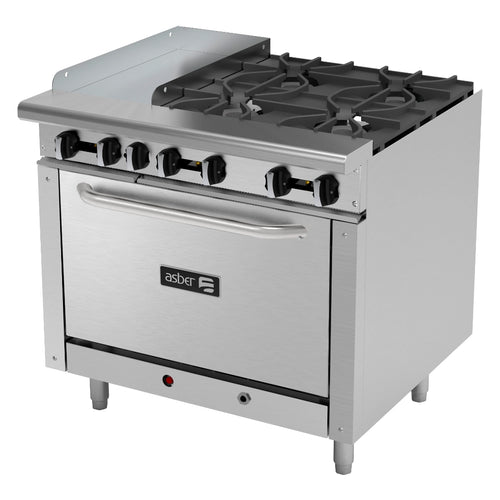 Estufa Múltiple a Gas con 4 Quemadores, 1 Plancha &amp; 1 Horno, Acero Inoxidable, ASBER AEMR-G12-B4-36