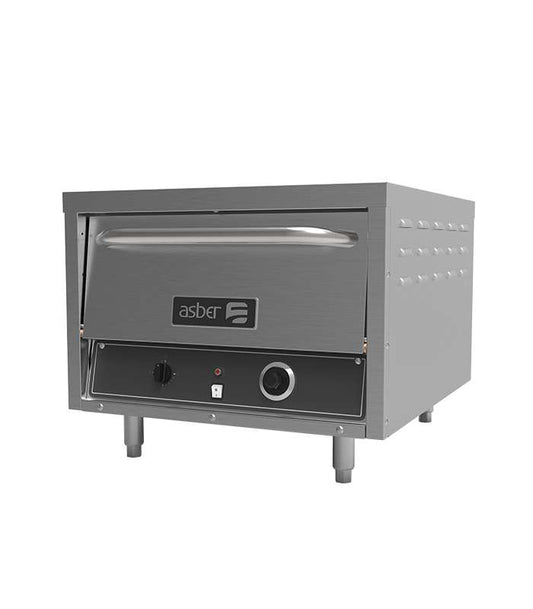 horno pizzero eléctrico Asber AEPO-26-E de doble cámara, en acero inoxidable. Ideal para restaurantes y pizzerías, con capacidad para cocinar 2 pizzas de 26” simultáneamente. Incluye 2 piedras refractarias y control de temperatura independiente