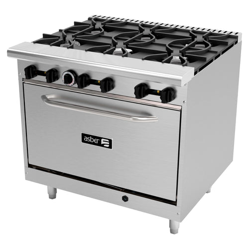 Estufa a Gas con 6 Quemadores &amp; 1 Horno, Acero Inoxidable, ASBER AER-6-36