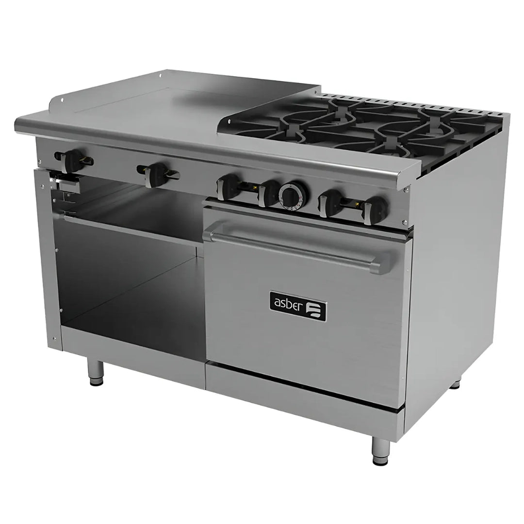 Estufa Múltiple a gas con 4 Quemadores, Plancha, Horno, Gratinador, Acero Inoxidable, ASBER AMR-48