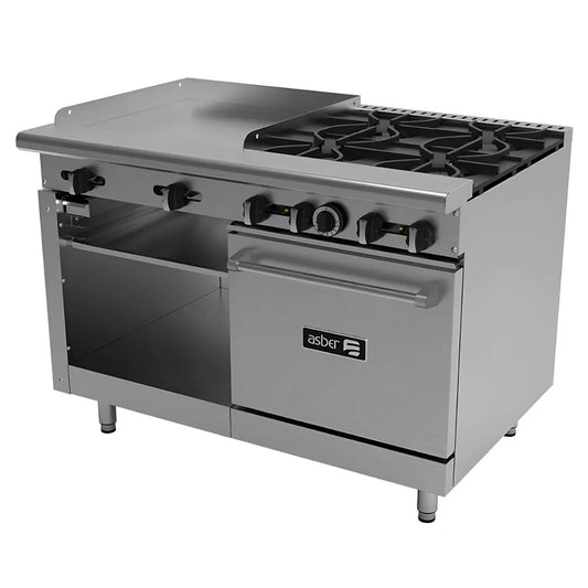 Estufa Múltiple a gas con 4 Quemadores, Plancha, Horno, Gratinador, Acero Inoxidable, ASBER AMR-48