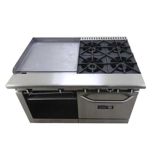 Estufa Múltiple a Gas con 4 Quemadores, 1Plancha, 1Horno, Gratinador, Acero Inoxidable, ASBER AMR-48