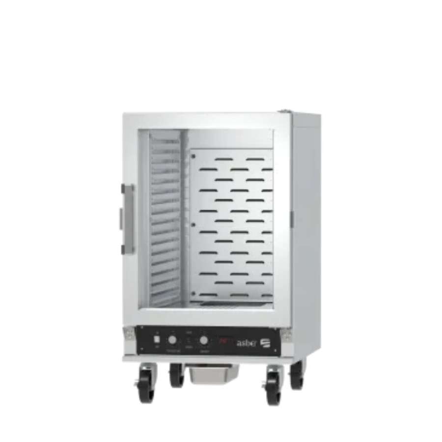 Carro caliente fermentador ASBER AEHC-18 con 18 guías ajustables, capacidad para bandejas 26x18 pulgadas. Construcción en aluminio, ruedas con freno y control digital de temperatura/humedad