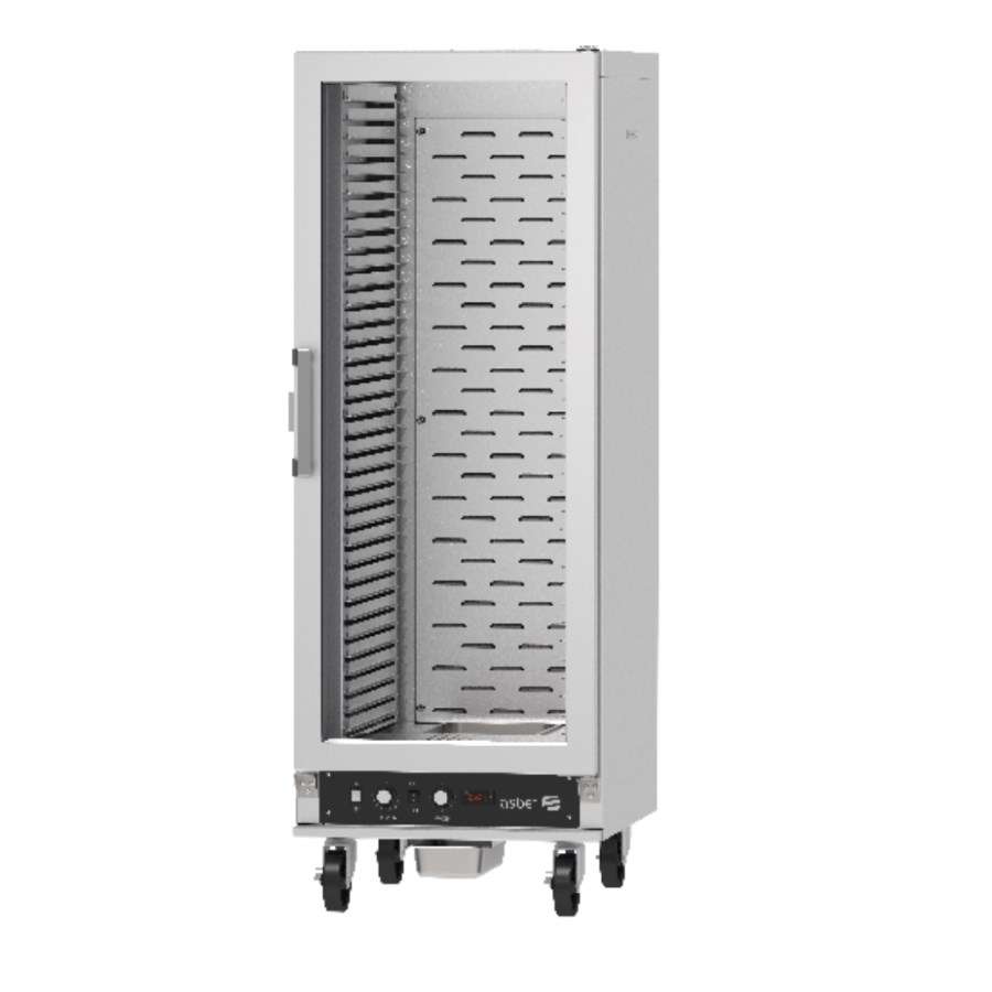 Carro caliente fermentador ASBER AEHC-36 con 36 guías, capacidad máxima para bandejas 26x18 pulgadas. Construcción en aluminio, 178.9 cm de alto, ideal para alta producción de venta en Webstaurant Mexico