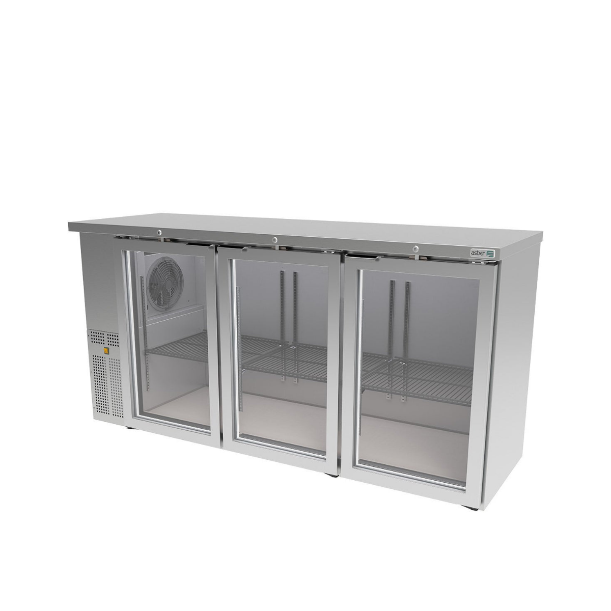 Refrigerador Contrabarra Slim Asber ABBC-24-72-SG HC. REfrigerador contrabarra slim, en acero inoxidable, Marca ASBER, Modelo ABBC-24-72-SG HC, 3 puertas en en cristal templado, puerta derecha, puerta derecha, puerta izquierta.