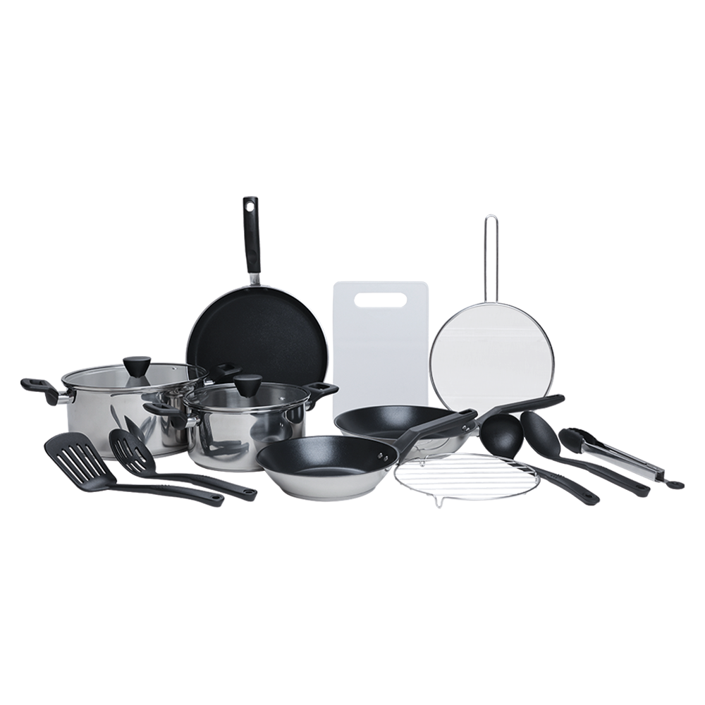 bateria marca alpro 15 pz acero quirurgico modelo 9856, incluye 2 ollas con tapa de cristal y mango y boton de silicon, 2 sartenes con recubrimiento antiadherente tricapa, comal redondo con antiadherente y mango de baquelita, tapa tipo rejilla antisalpicaduras, parrilla redonda, tabla para picar, 4 utensilios de nylon. perfecto regalo por dia de las madres. de venta en Webstaurant México