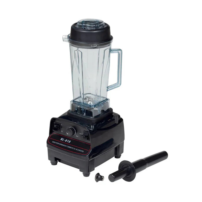 Licuadora comercial para hielo MIGSA BL-010 con vaso de policarbonato de 2 litros. Motor de 2 HP (1500W) y 28,000 RPM, funciona más de 6 horas continuas. Botones de encendido/apagado, velocidad variable y función pulso. Voltaje: 110V. Medidas: 21x23x52 cm, peso 3 kg