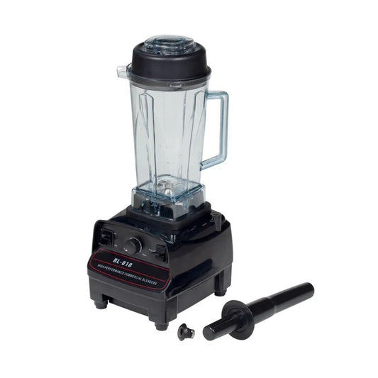 Licuadora comercial para hielo MIGSA BL-010 con vaso de policarbonato de 2 litros. Motor de 2 HP (1500W) y 28,000 RPM, funciona más de 6 horas continuas. Botones de encendido/apagado, velocidad variable y función pulso. Voltaje: 110V. Medidas: 21x23x52 cm, peso 3 kg