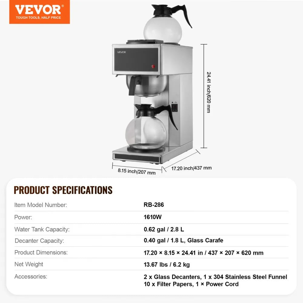 Cafetera de Goteo Comercial 2 Jarras vidrio VEVOR RB-286
