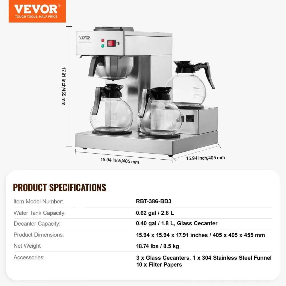 Cafetera de Goteo Comercial 3 Jarras VEVOR RBT-386-BD3