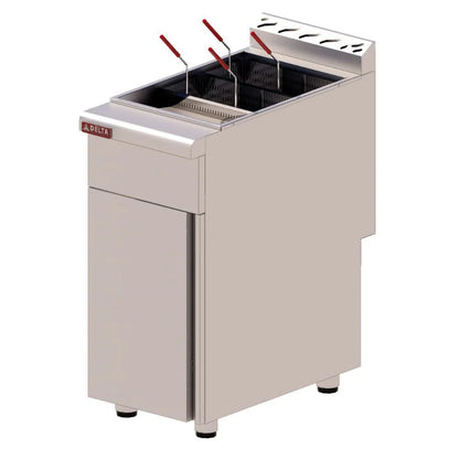 Panel de control Cocedor de Pasta DELTA CP-GPA-40 con termostato ajustable (15°-120°C). Perillas ergonómicas, válvula de desagüe y rebosadero integrado
