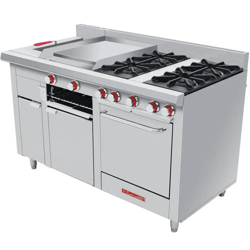 Estufa a Gas de Acero Inoxidable CORIAT MULTICHEF TURBO DE PISO MASTER con 4 Quemadores Plancha Gratinador Freidora 8 L &amp; 1 Horno