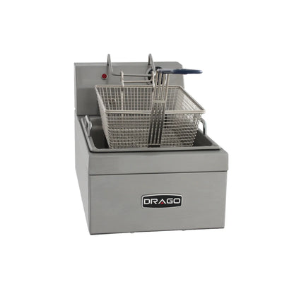 Freidora eléctrica DRAGO FE-5 de 5 litros, en acero inoxidable. Ideal para negocios pequeños, cocinas profesionales o food trucks. Potencia: 2,000W, termostato ajustable (0-200°C). de venta en WebstaurantMx
