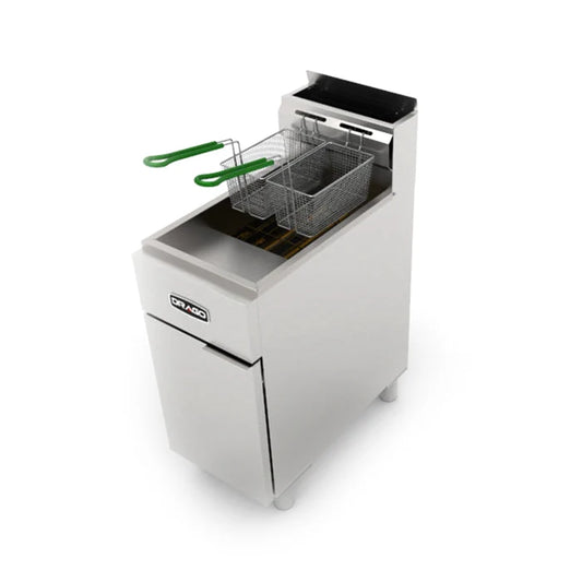 Freidora industrial a gas DRAGO FG-21RS de 21 litros, en acero inoxidable. Capacidad profesional para restaurantes, con 3 quemadores de 35,000 BTU/h cada uno. Rango de temperatura: 93°C a 204°C (200°F a 400°F).
