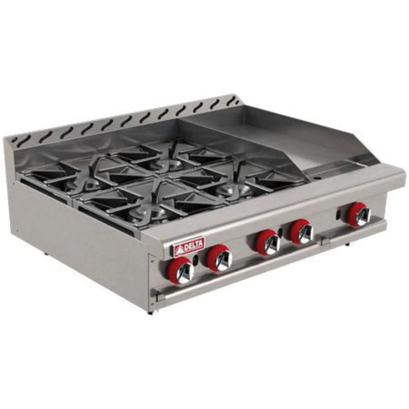 Parrilla plancha a gas Equipo mixto Delta 2-4-1-G, parrilla 4 quemadores 24” + plancha 12”, 163,000 BTU. Acero inoxidable, 91.5 cm de frente, ideal para cocinas profesionales de venta en Webstaurant México