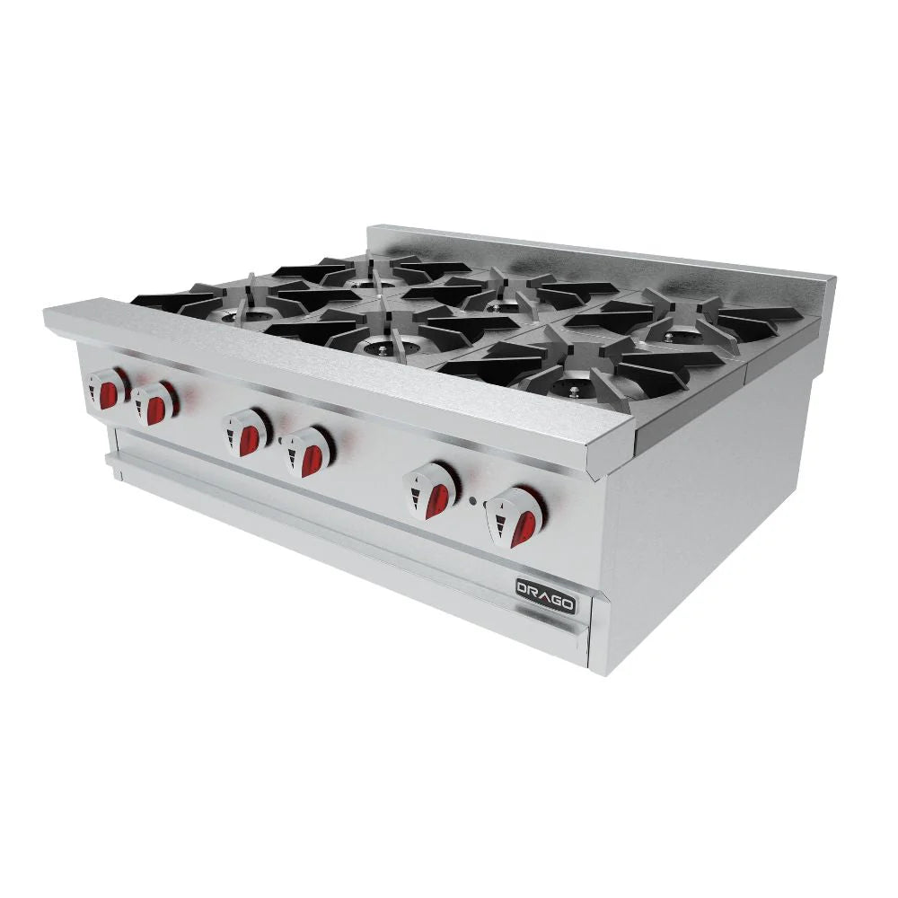 Parrilla industrial DRAGO CG-60 de 6 quemadores (180,000 BTU totales), con cuerpo en acero inoxidable y chimenea perforada. Ideal para restaurantes y cocinas profesionales. Medidas: 91.4x76.6x35.5 cm. Precio $16,060.20 I.V.A. Incluido Webstaurant México
