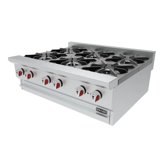 Parrilla industrial DRAGO CG-60 de 6 quemadores (180,000 BTU totales), con cuerpo en acero inoxidable y chimenea perforada. Ideal para restaurantes y cocinas profesionales. Medidas: 91.4x76.6x35.5 cm. Precio $16,060.20 I.V.A. Incluido Webstaurant México