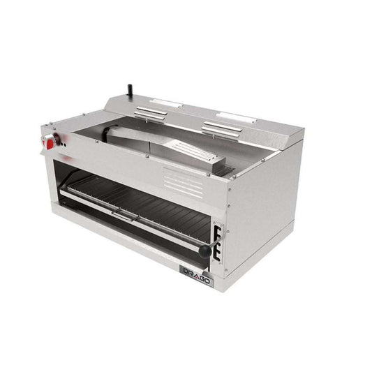 Salamandra asadora DRAGO SGG-3 en acero inoxidable 430, con parrilla ajustable en 5 posiciones. Ideal para carnes, pescados y verduras. Medidas: 89.5x49.7x53.3 cm, peso: 43 kg. precio $19,000.80 Mx