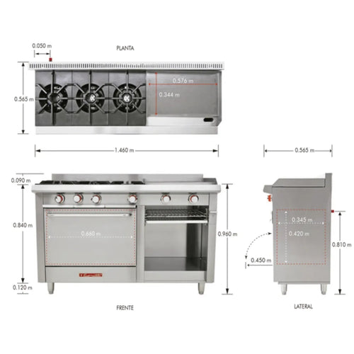Estufa a Gas con 3 Quemadores, 1 Plancha, 1 Gratinador & 1 Horno, Acero Inoxidable, CORIAT EC-3-H-GRILL DE PISO PETIT
