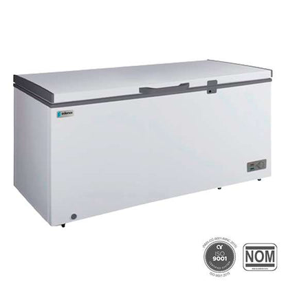 Congelador horizontal tapa cofre EDENOX ECF-16-HC, 16 pies cúbicos, capacidad 453 litros. Color blanco, 6 ruedas, temperatura -24°C a +5°C, ideal para alto volumen de venta en Webstaurant México