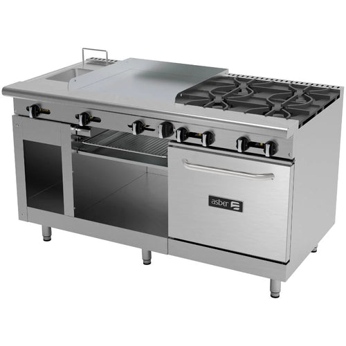 Estufa Múltiple Asber AMR-60 Plancha, 4 Quemadores, Horno, Gratinador, Freidor