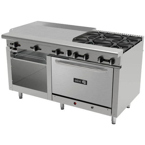 Estufa Múltiple Asber AEMR-G36-B4-60-H con 4 Quemadores, Plancha, Gratinador y Horno