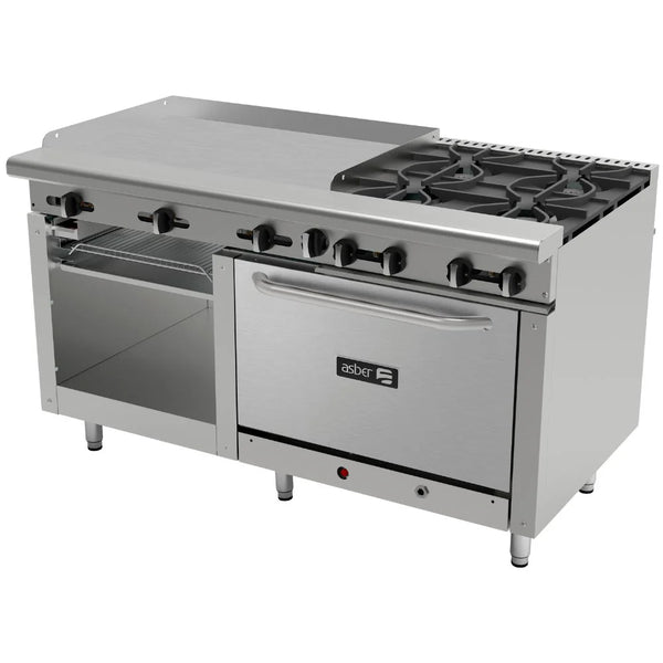 Estufa Múltiple Asber AEMR-G36-B4-60-H con 4 Quemadores, Plancha, Gratinador y Horno