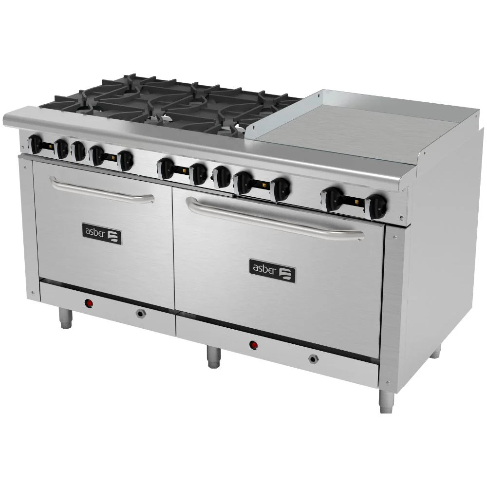 ESTUFAASBERCOMPLETAAEMR-2-G24-B6-60-HEstufa6QuemadoresHornoDoble24y36Plancha24ParrillaGasAceroInoxidableComedorIndustrialHotelCafeteriaBistroRestaurante