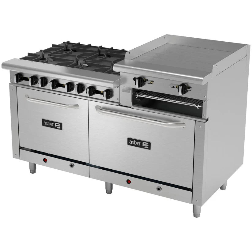 ESTUFAASBERMULTIPLEAEMR-2-RG24-B6-60-HEstufa6QuemadoresGratinadorPlancha24ElevadaHornoDoble24y36ParrillaGasAceroInoxidableComedorIndustrialHotelCafeteriaBistroRes