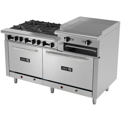 ESTUFAASBERMULTIPLEAEMR-2-RG24-B6-60-HEstufa6QuemadoresGratinadorPlancha24ElevadaHornoDoble24y36ParrillaGasAceroInoxidableComedorIndustrialHotelCafeteriaBistroRes