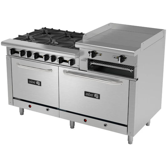 ESTUFAASBERMULTIPLEAEMR-2-RG24-B6-60-HEstufa6QuemadoresGratinadorPlancha24ElevadaHornoDoble24y36ParrillaGasAceroInoxidableComedorIndustrialHotelCafeteriaBistroRes