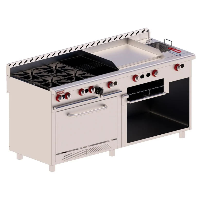 Estufa múltiple industrial Delta EM-H con 4 quemadores, plancha, asador, freidor y horno. Fabricada en acero inoxidable T-304, 183 cm de ancho de venta en Webstaurant México