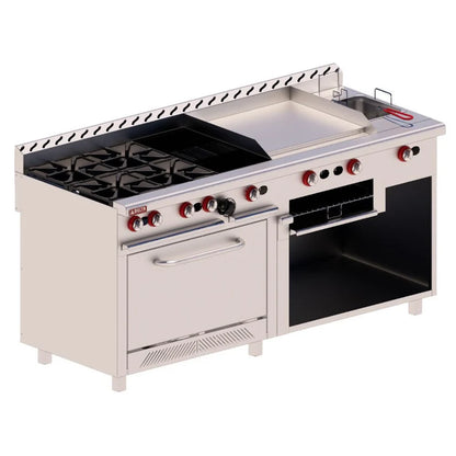 Estufa múltiple industrial Delta EM-H con 4 quemadores, plancha, asador, freidor y horno. Fabricada en acero inoxidable T-304, 183 cm de ancho de venta en Webstaurant México