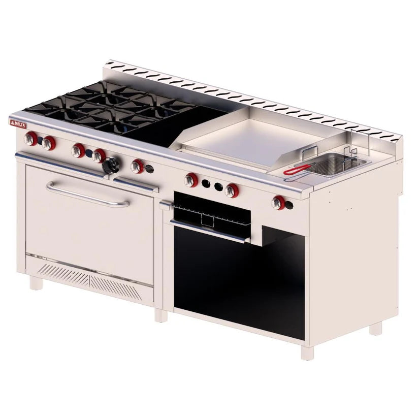 Estufa Múltiple Delta EM-H - 4 Quemadores, Plancha, Horno, Freidor y Asador - Acero Inoxidable T-304 - Para Cocinas Compactas de venta en Webstaurant México