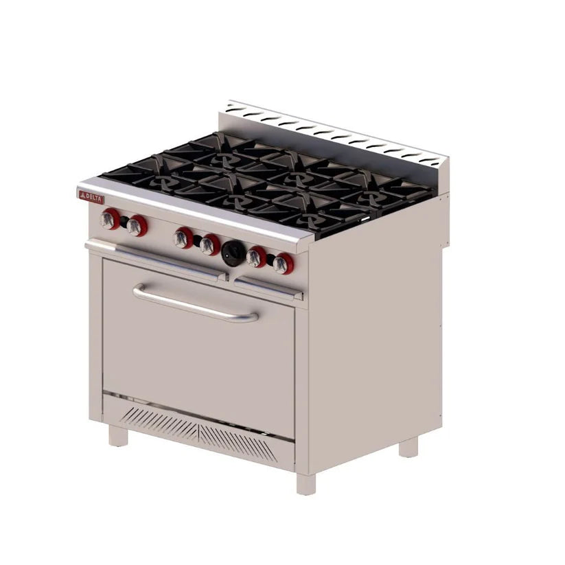 Horno con parrillas niqueladas y quemador tridente de 35,500 BTU en estufa Delta H-6. Espacio interior de 76x56x41 cm para producción continua de venta en Webstaurant México