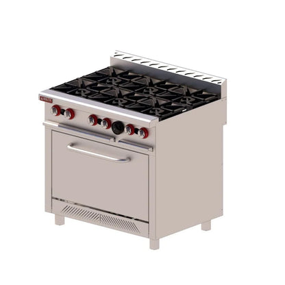 Horno con parrillas niqueladas y quemador tridente de 35,500 BTU en estufa Delta H-6. Espacio interior de 76x56x41 cm para producción continua de venta en Webstaurant México