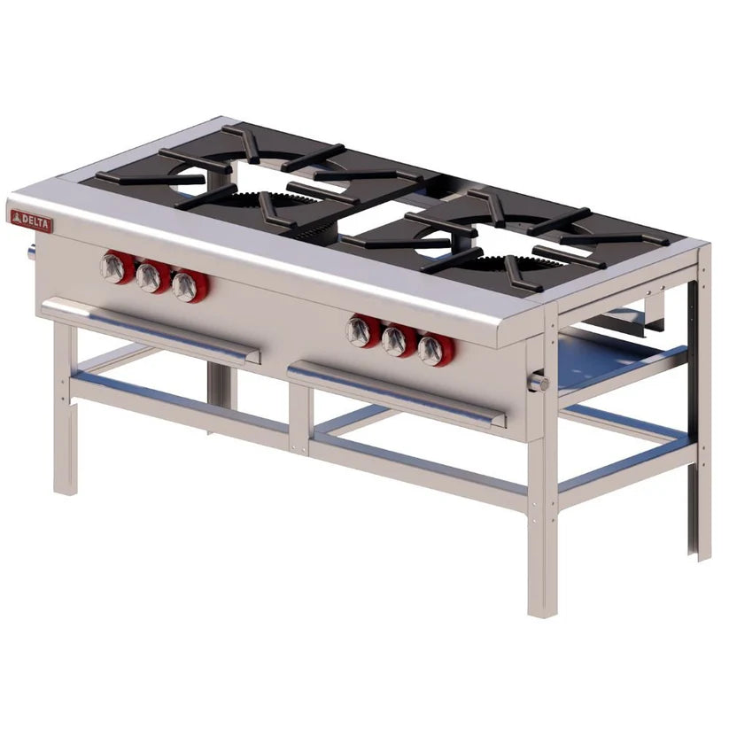 Estructura del Estufón Doble sección a Gas DELTA IE-2 en perfil tubular cuadrado 1 1/4. Doble panel de controles desmontables, perillas ergonómicas y charolas recolectoras.