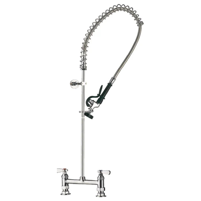 Llave de piso EDENOX 98007-1 para prelavado, altura 1.75 m, acero inoxidable. Tubo flexible doble trenzado, llaves de polímero anticalórico, ideal para áreas de lavado de venta en Webstauran México