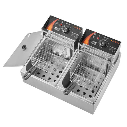 Dos tanques de aceite separados VEVOR, capacidad 10.6qt cada uno. Permite freír diferentes alimentos sin mezclar sabores