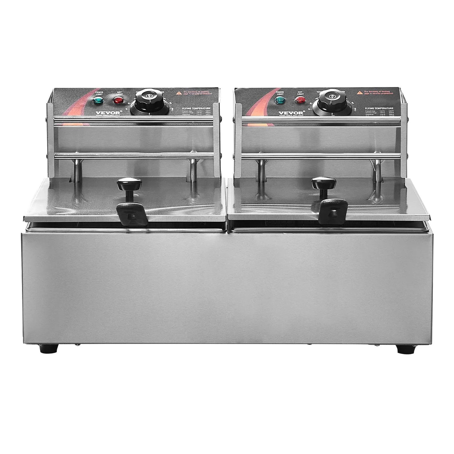 Freidora eléctrica comercial VEVOR doble tanque, 3000W total (1500W por tanque), capacidad 9.1qt por tanque. Acero inoxidable, control independiente de temperatura