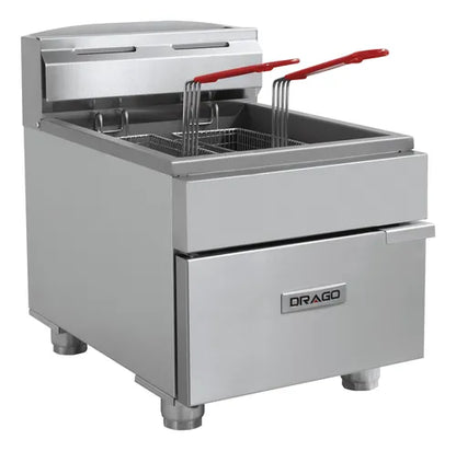 Freidora industrial a gas DRAGO FG-8 de 8 litros, en acero inoxidable. Ideal para negocios de comida rápida, cocina hasta papas fritas y alitas con eficiencia. Dimensiones: 41x58x57 cm