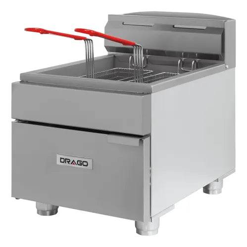 Freidora a gas DRAGO FG-8 Estructura robusta en acero inoxidable con base estable. Peso neto: 30 kg, ideal para uso intensivo en restaurantes y comedores.