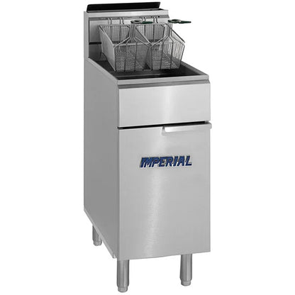 Freidora de gabinete a gas IMPERIAL IFS-40, 105,000 BTU, tina 35.6x35.6 cm acero inoxidable. Incluye 2 canastillas niqueladas, termostato 93°-204°C, ideal para restaurantes de venta en Webstaurant México