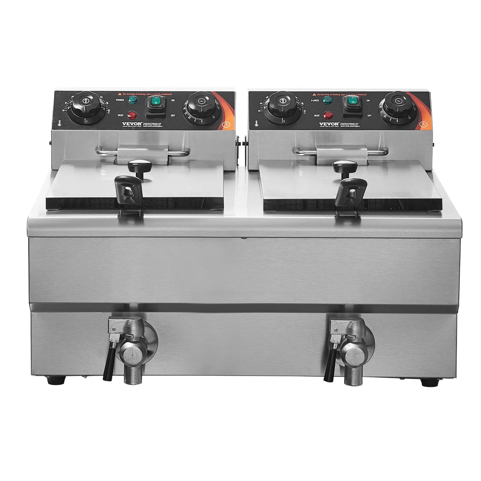 Freidora profunda eléctrica de sobremesa  VEVOR Modelo: SG24L5000W12L1KYVV1, doble tanque, 3000W total (1500W por tanque), capacidad 11L por tanque. Acero inoxidable, control independiente temperatura y temporizador